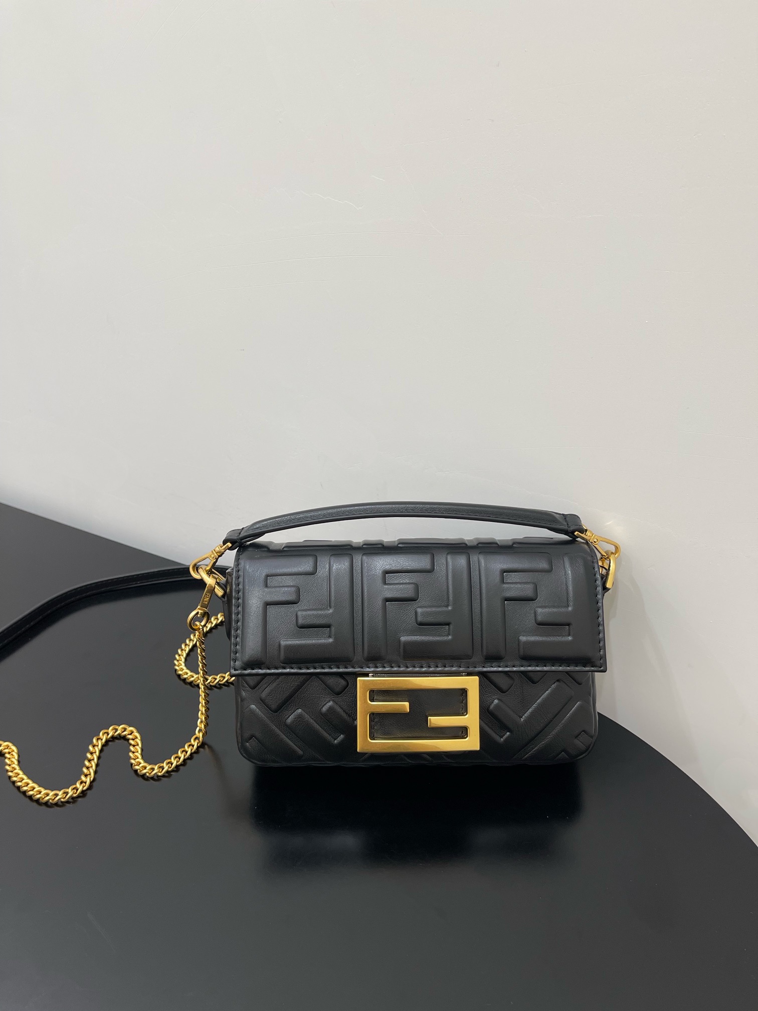 Fendi Mini Baguette Nappa Leather 3D-effect FF Shoulder Bag Black